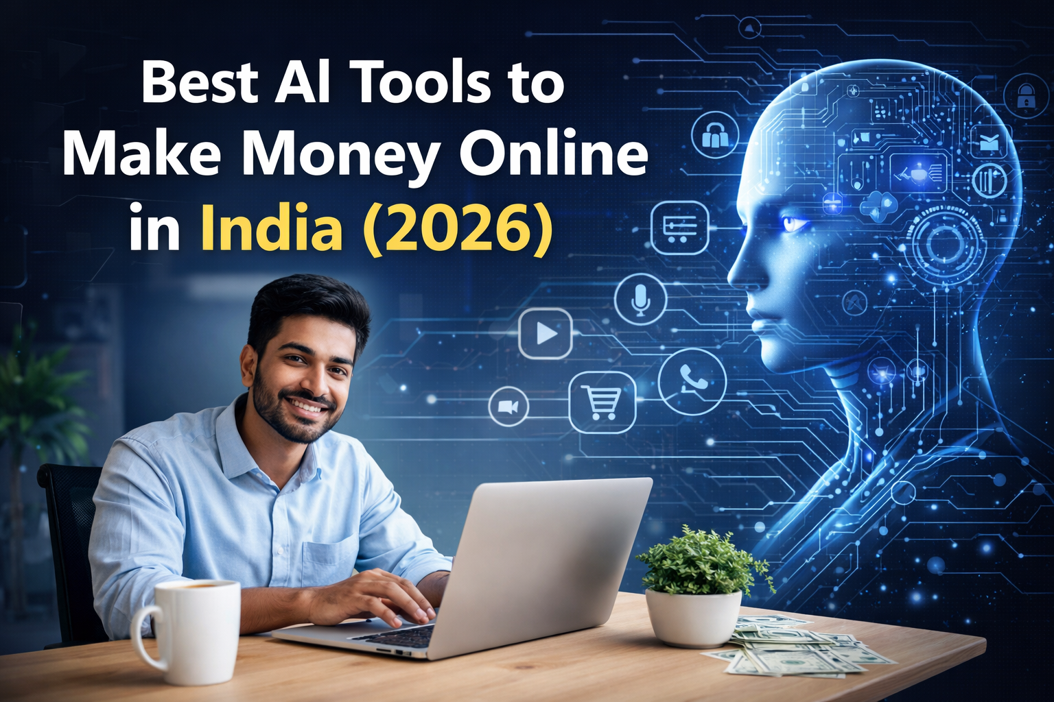 Best AI tools to make money online in India 2026 – Indian man working on laptop with AI technology and digital earning concept