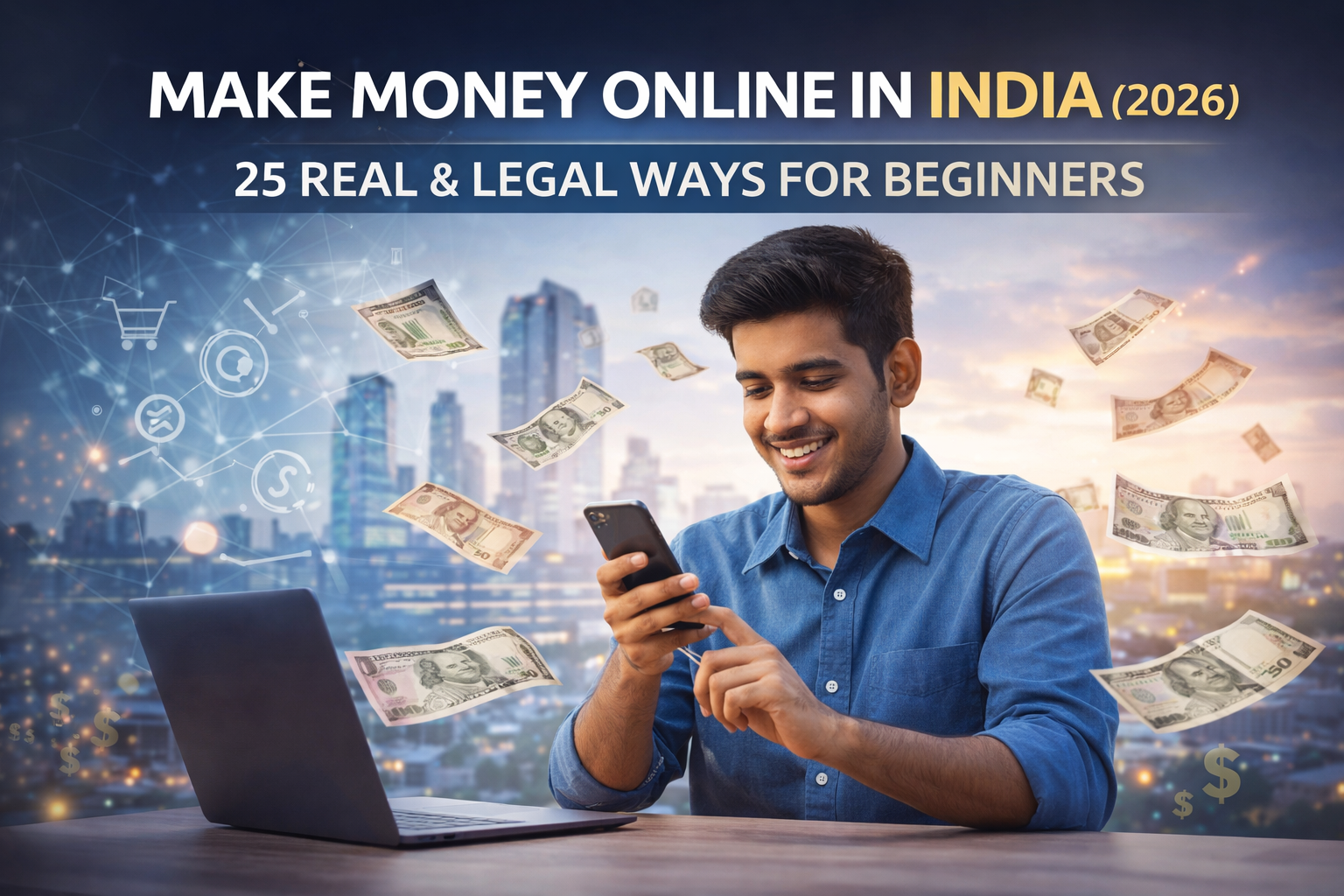 “Make Money Online in India 2026 – Indian man using smartphone and laptop with digital income icons and money symbols, representing real and legal online earning methods for beginners.”