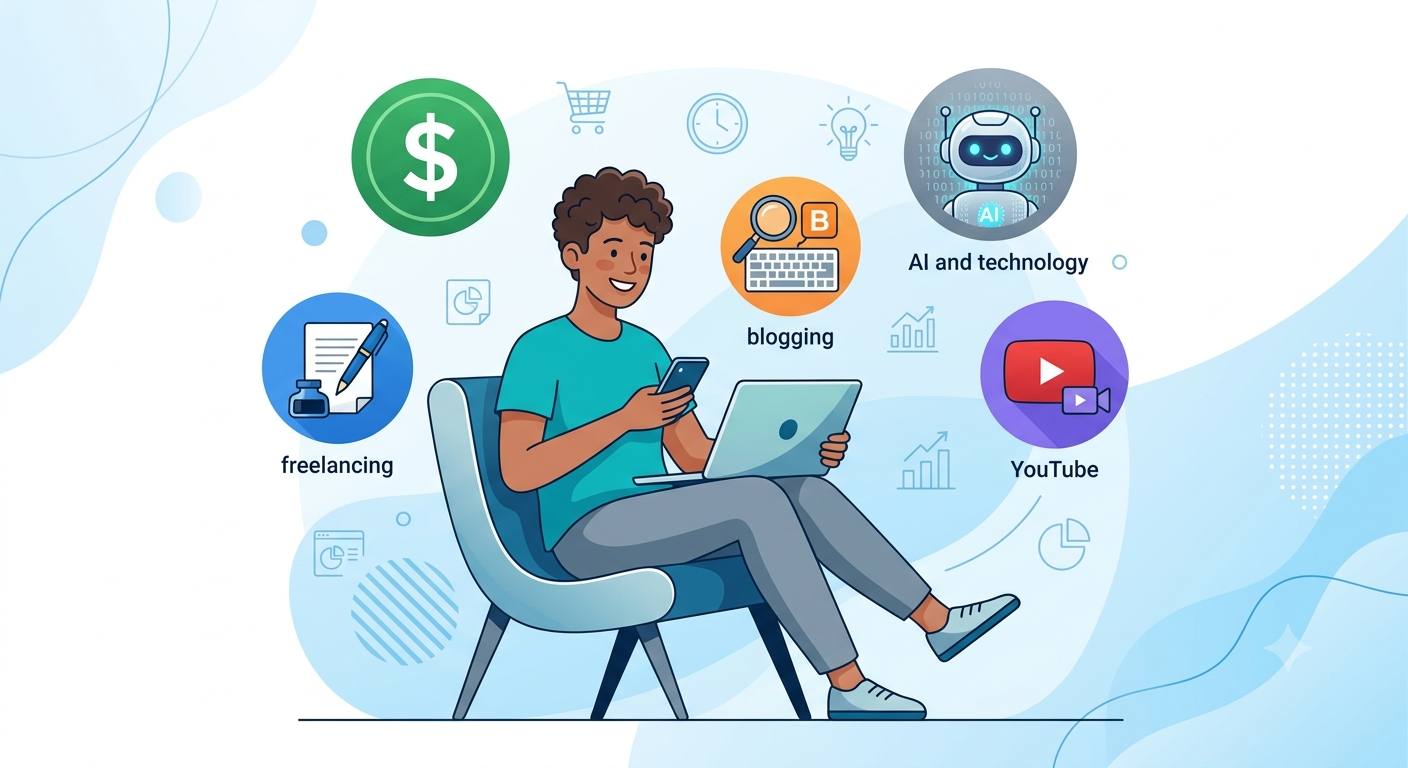 Make Money Online 2026 – person using smartphone and laptop with digital income icons and money symbols, representing real ways to earn online for beginners