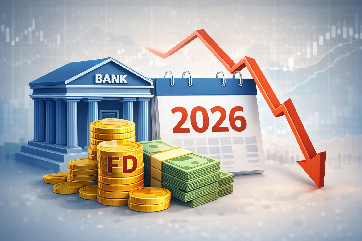 “Bank FD new rules 2026 showing reduced interest income with bank building, FD coins, 2026 calendar and downward arrow”