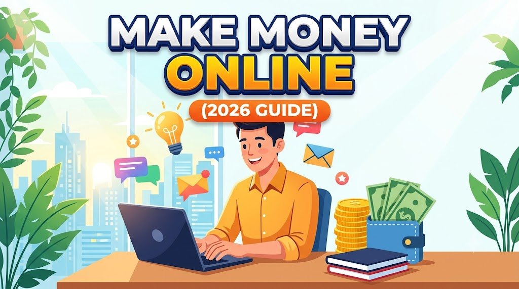 Man working on laptop earning money online using AI tools and freelancing in 2026