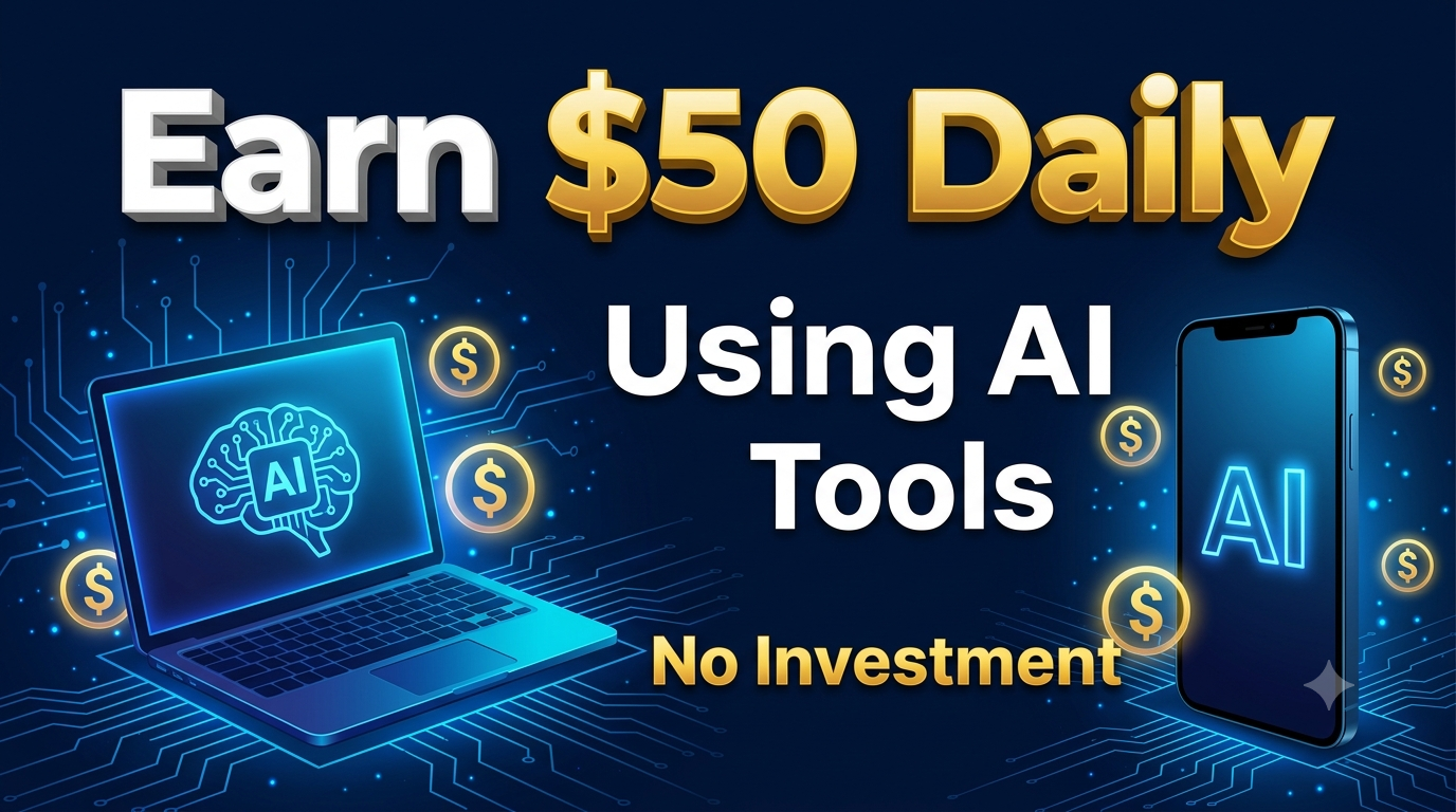 Earn $50 daily using AI tools guide with laptop and smartphone