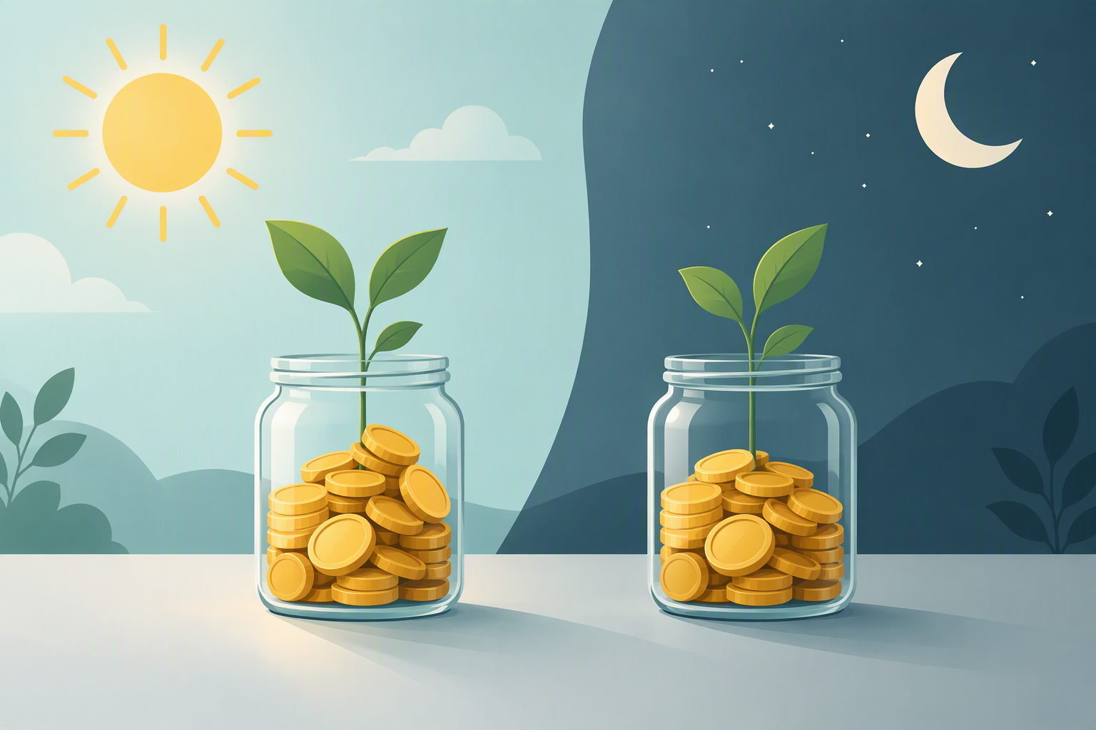 Two jars of coins with plants growing from them, one under a sun and one under a moon