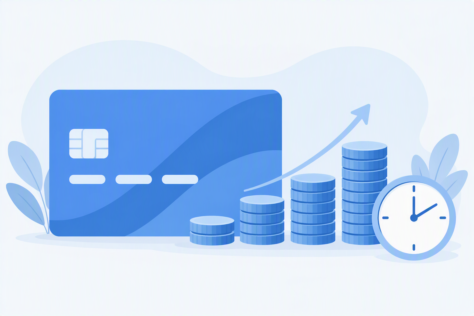 Credit card beside growing coin stacks and a clock showing how credit card interest grows over time