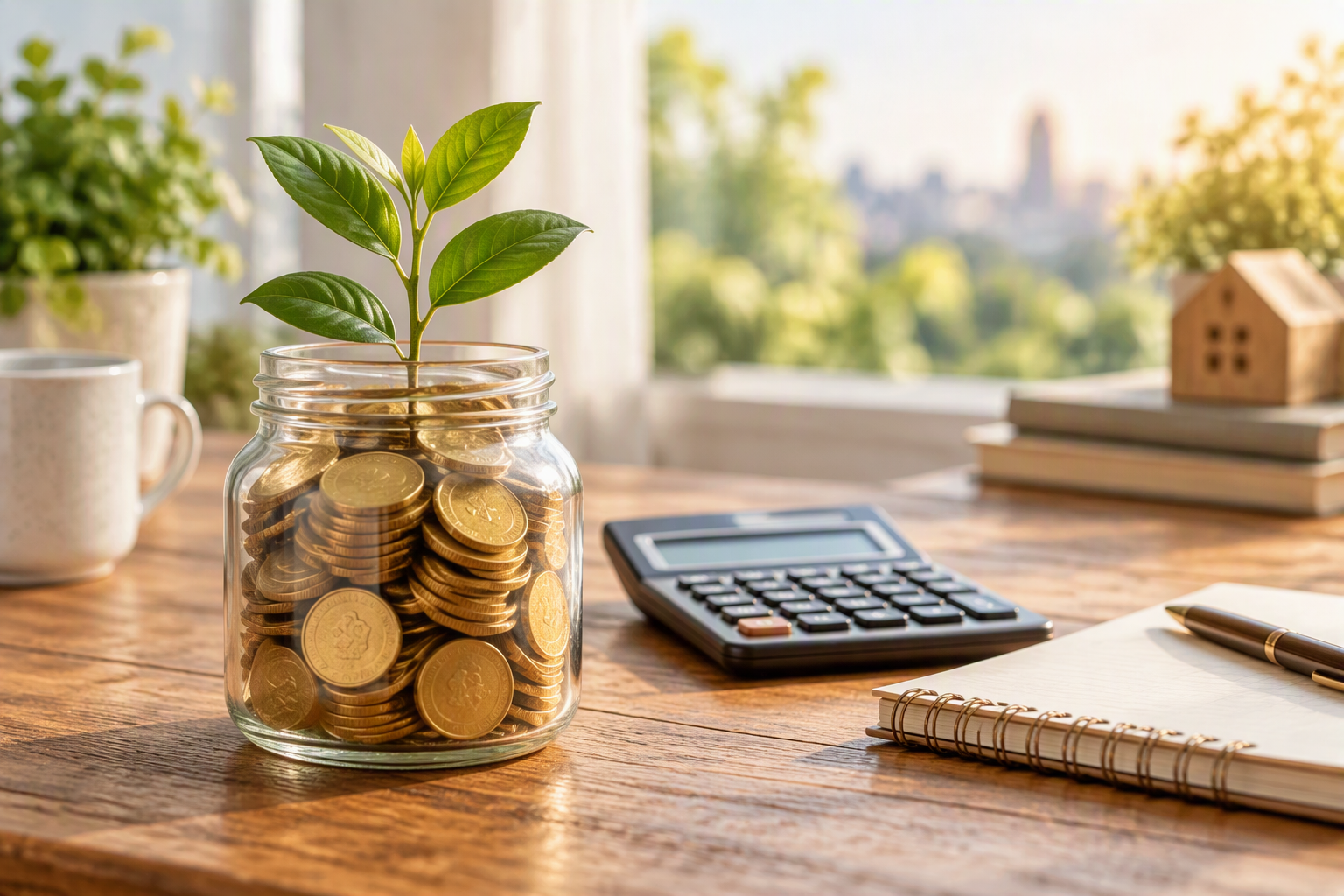 emergency fund savings jar with coins and plant