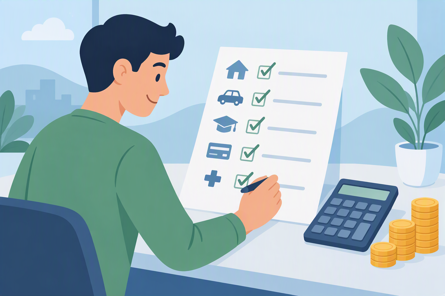 Person using a checklist to pay off debt faster with a calculator and coins