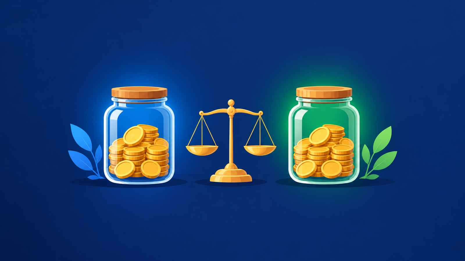 Two glass jars of gold coins on a balance scale representing ETF vs mutual fund