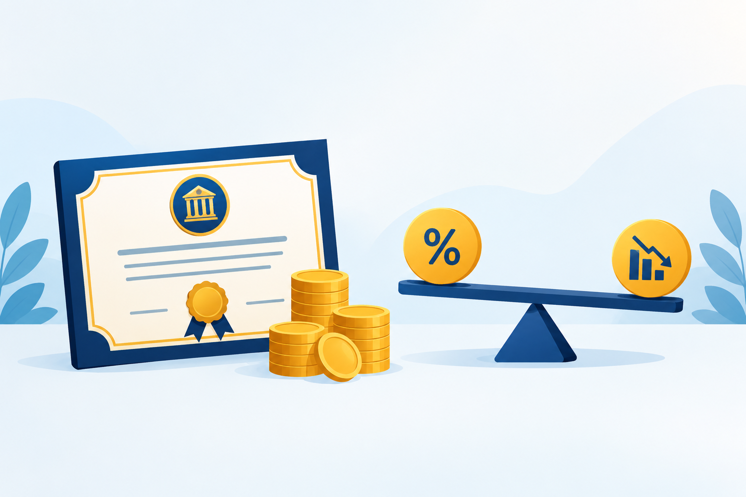 Illustration of a bond certificate, coins and a seesaw showing how interest rates affect bond prices