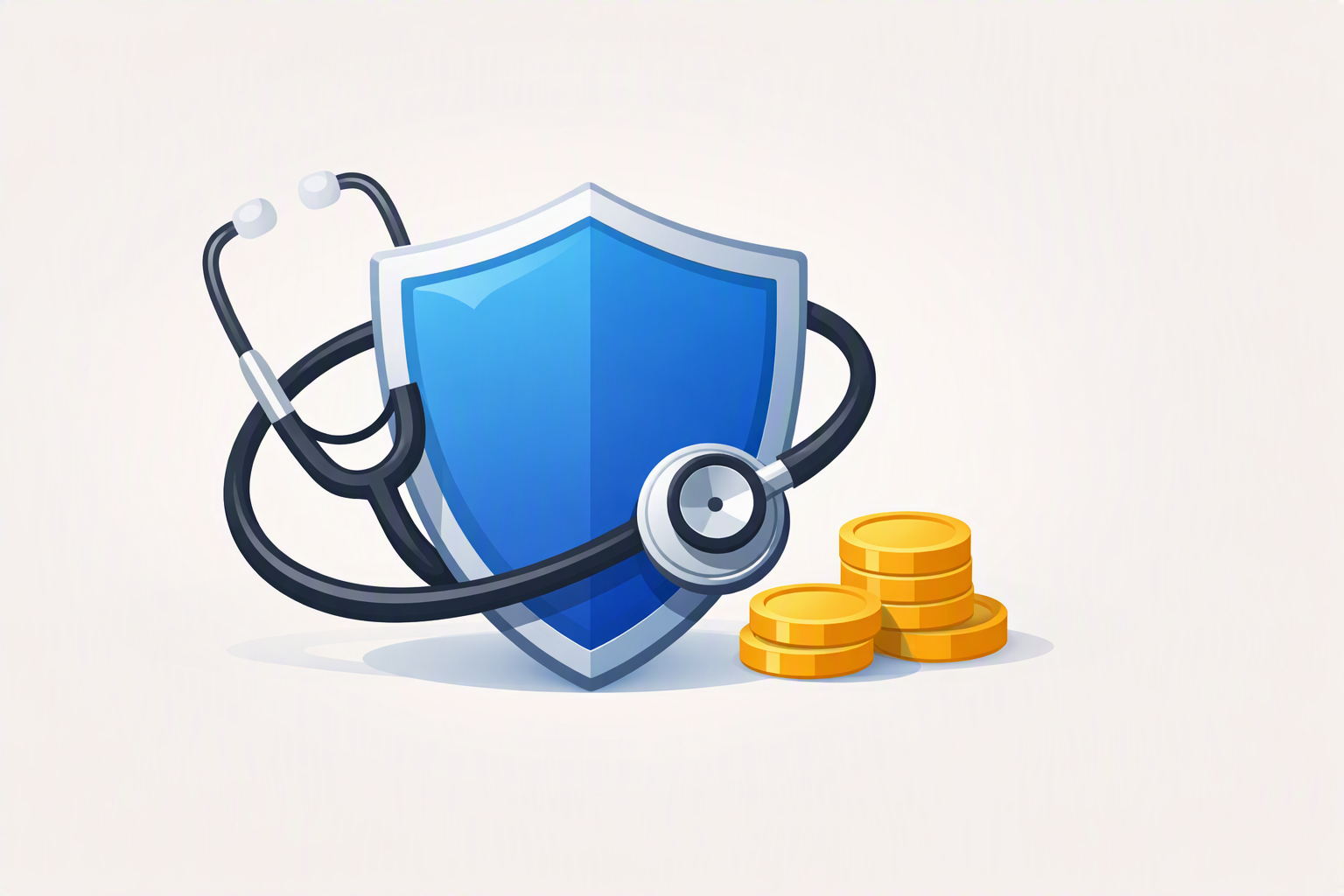 Stethoscope resting on a blue shield with coins, representing health insurance protection