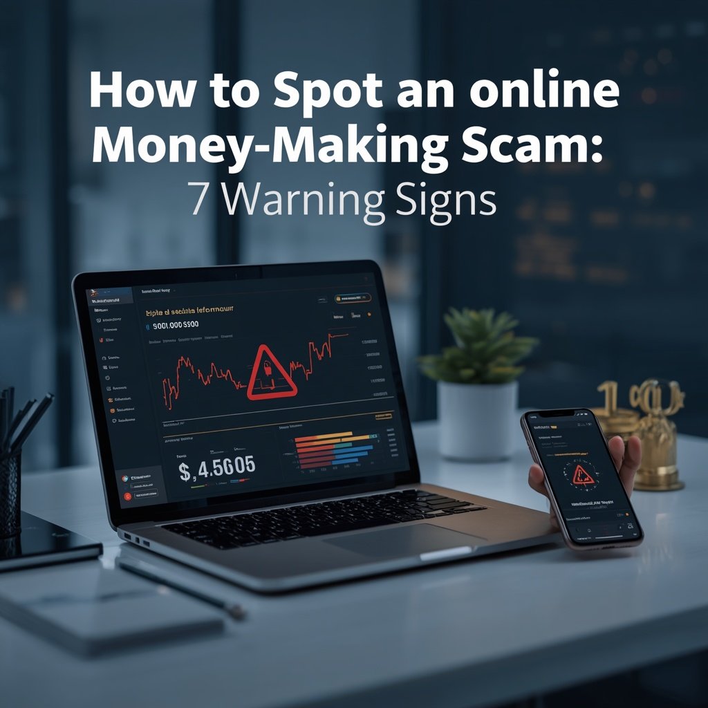 Laptop screen showing warning signs of an online money-making scam