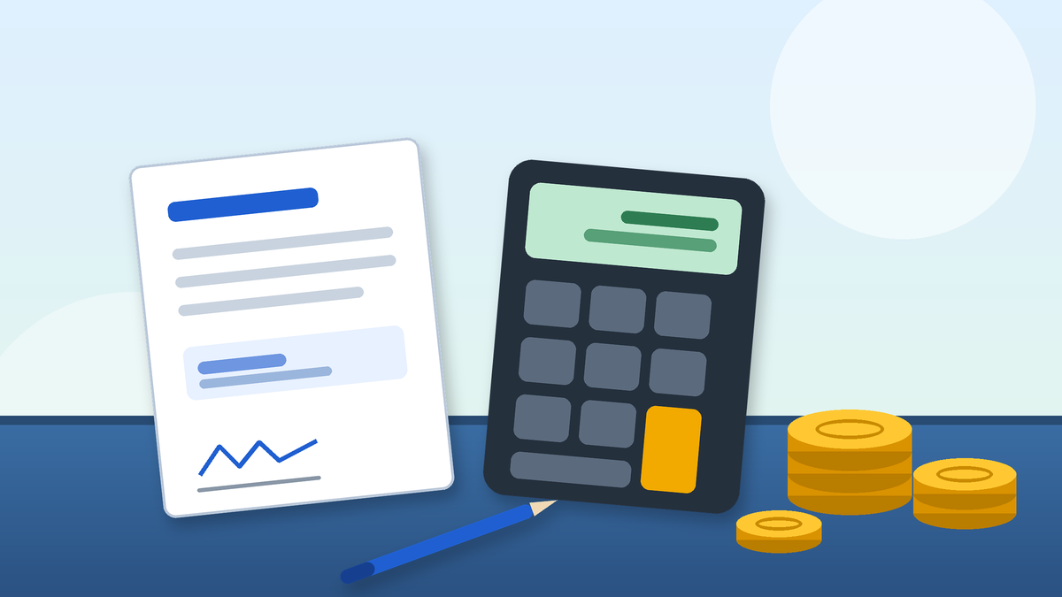 Illustration of a calculator, coins and a loan agreement on a desk, representing how personal loans work