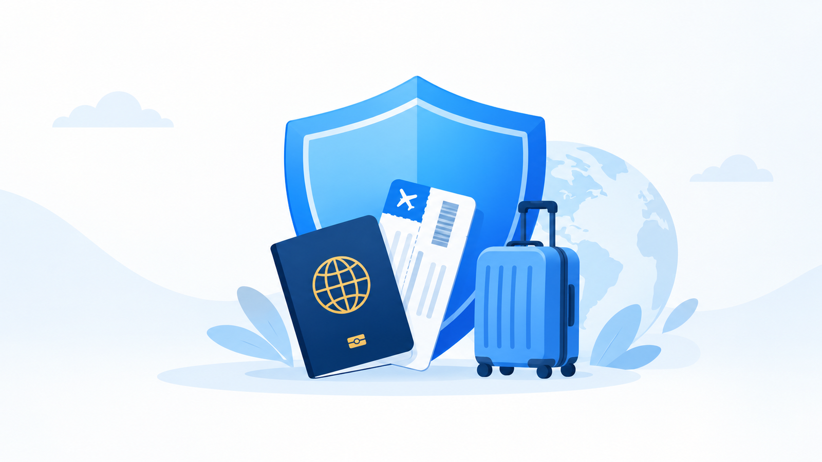 Passport, boarding pass and suitcase protected by a blue shield, representing travel insurance